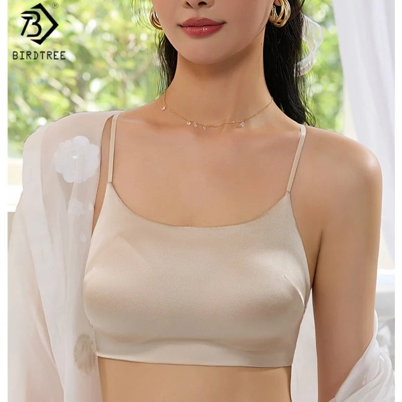 Birdtree 19MM 93% Silk 7% Spandex Solid Bra,Women Satin 3/4 Cup U-shaped Back Soft Breathable Sling Underwear A59124JF