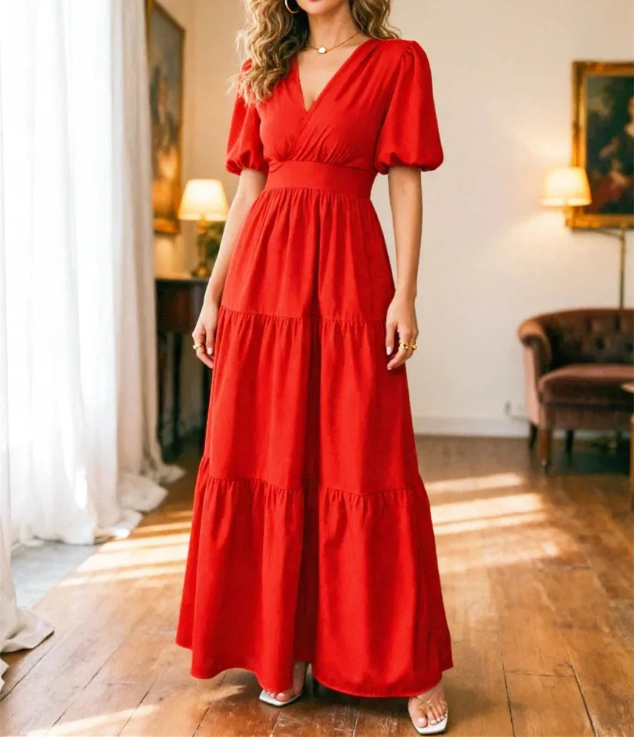 New Spring/Summer Fashion Casual Short Sleeve V-neck Solid Color Slim Fit Ankle Length Patchwork Fit And Flare Dress,2 Colors