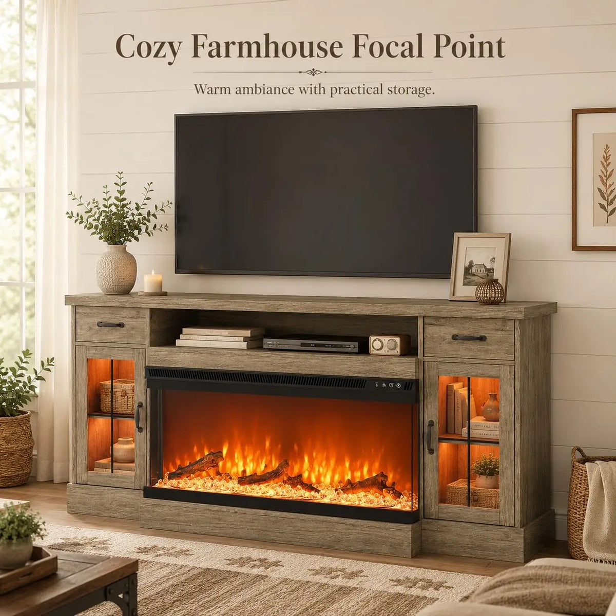 70" Farmhouse TV Stand with 3-Sided Electric Fireplace, Wash Grey