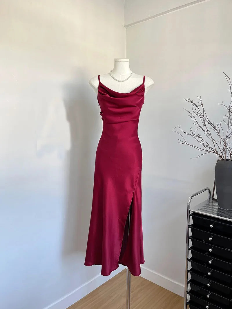 Women's Sexy Swinging Collar Satin Strap Long Dress Lady Summer Solid Color Slim Pleated Wasit Split Party Dress