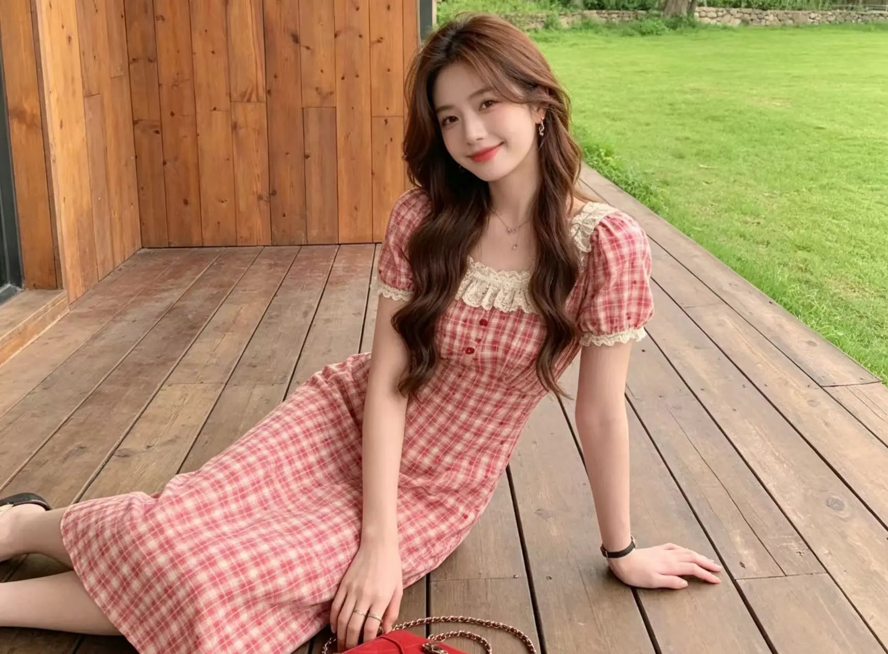 Retro Lace Red Plaid Heart Floral Summer Dress plus Size Waist Cinching Belly Covering Slimming Long A-Line Skirt Dress