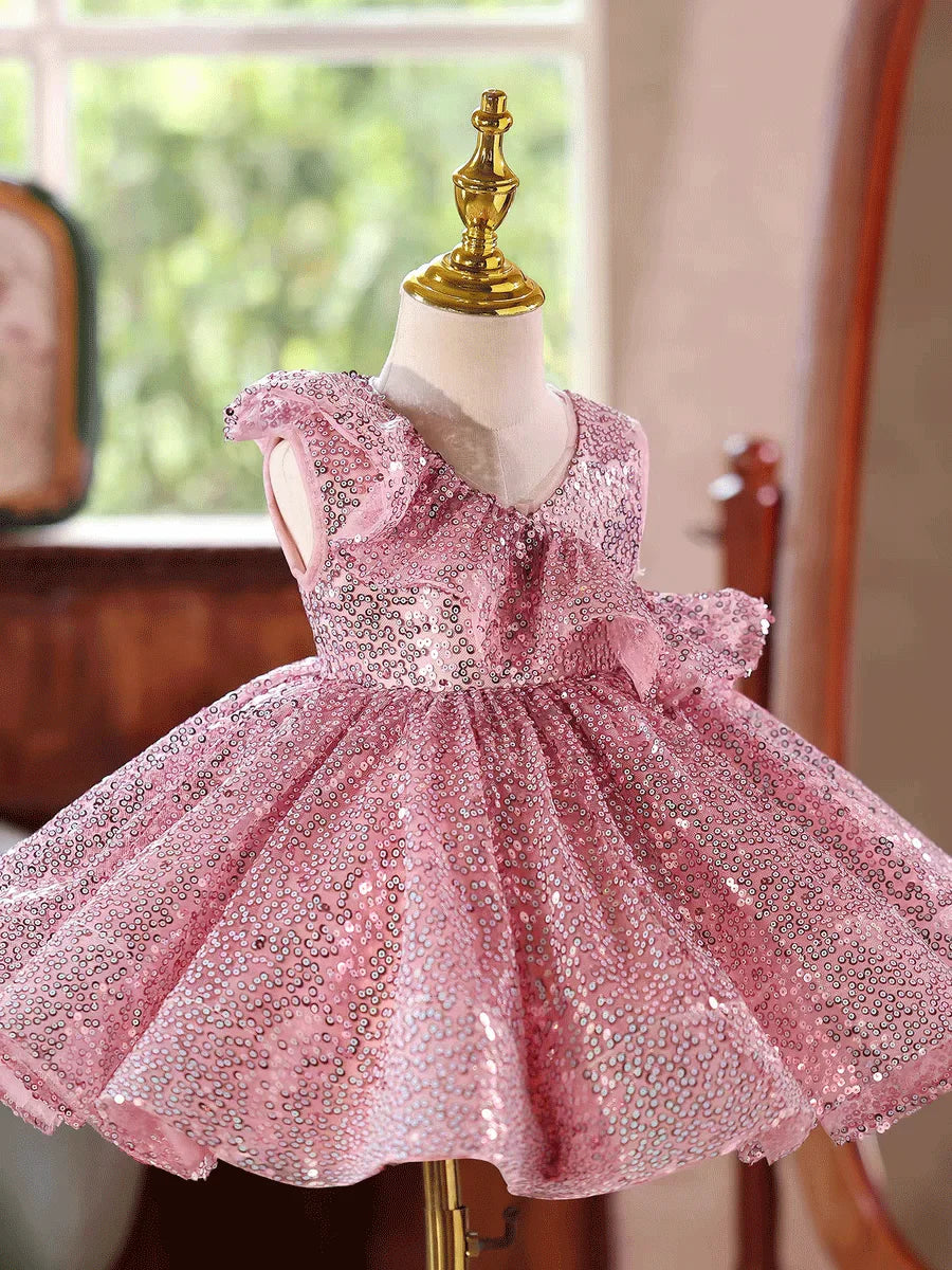 Dreamy Vow D246 Kids Pink Sparkle Flower Girls Dress Ruffle Waist Full Sequin Dress Child Pageant Gown Wedding Birthday Party