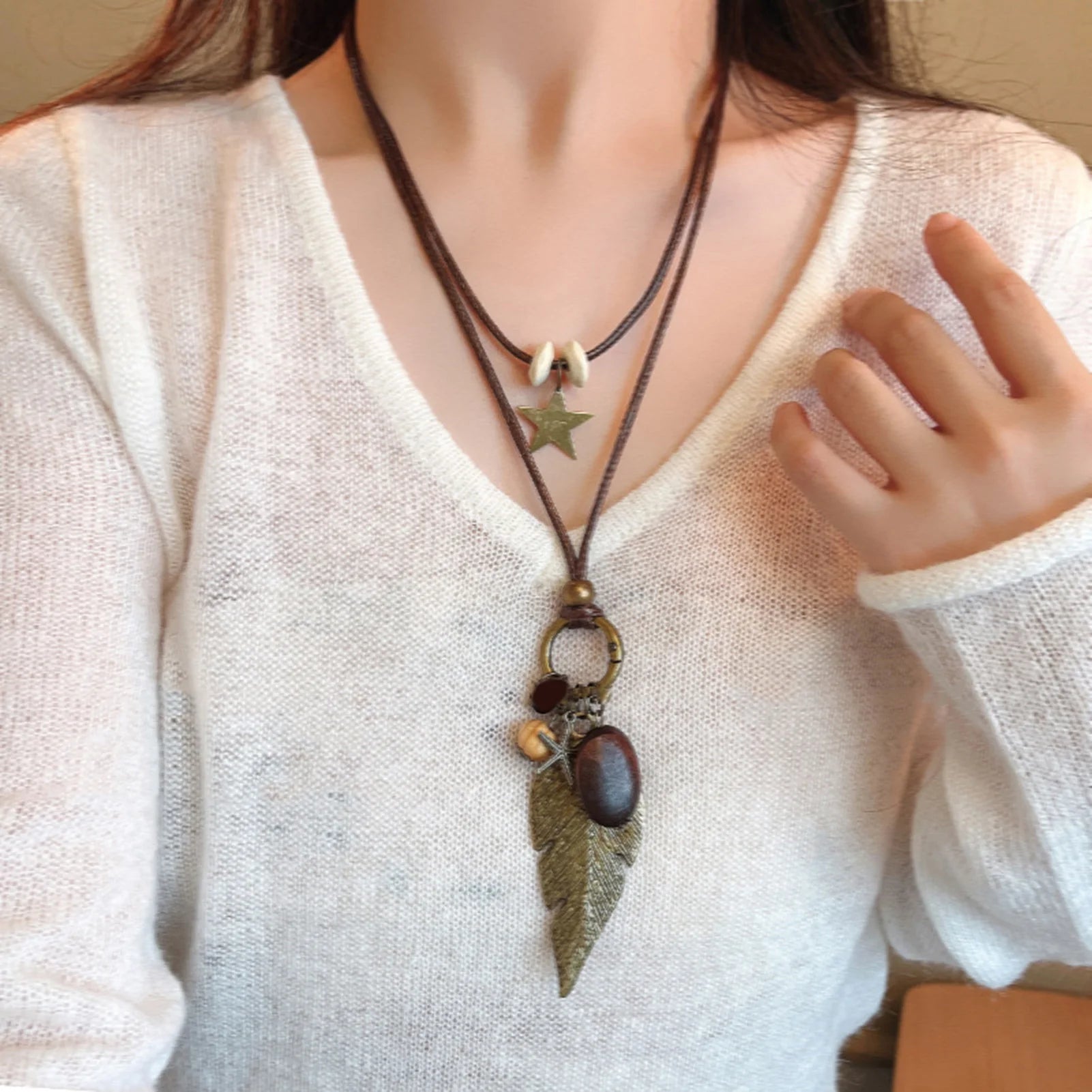 Trend Fine Jewelry Leaf Feather Pendant Rope Chain Bohemian Unisex Necklace For Women And Men