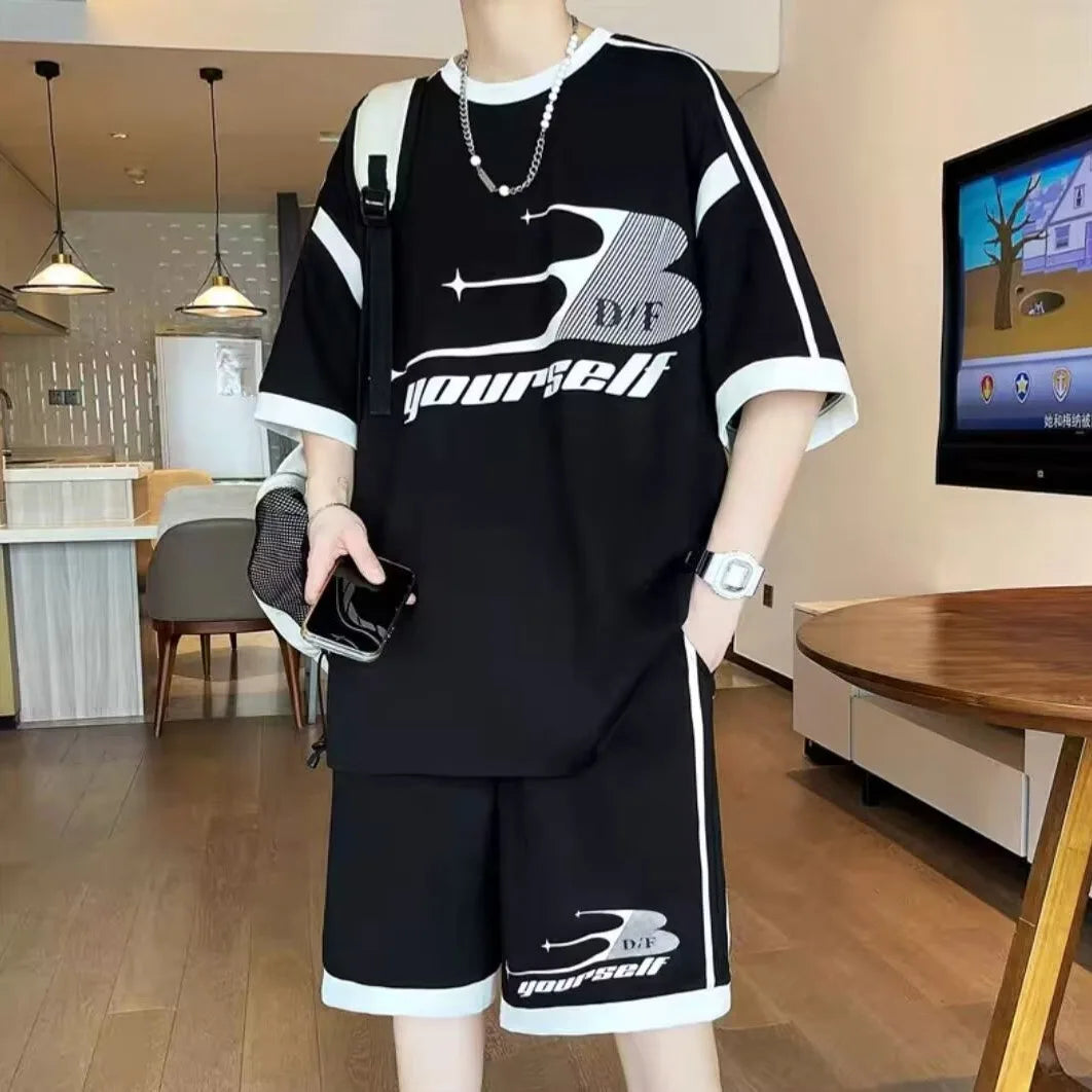 Summer Men'S Large Suit S-6Xl New Trendy Two Piece Set Korean High Street Fashion T-Shirt Shorts Tracksuits Designer Clothes Men