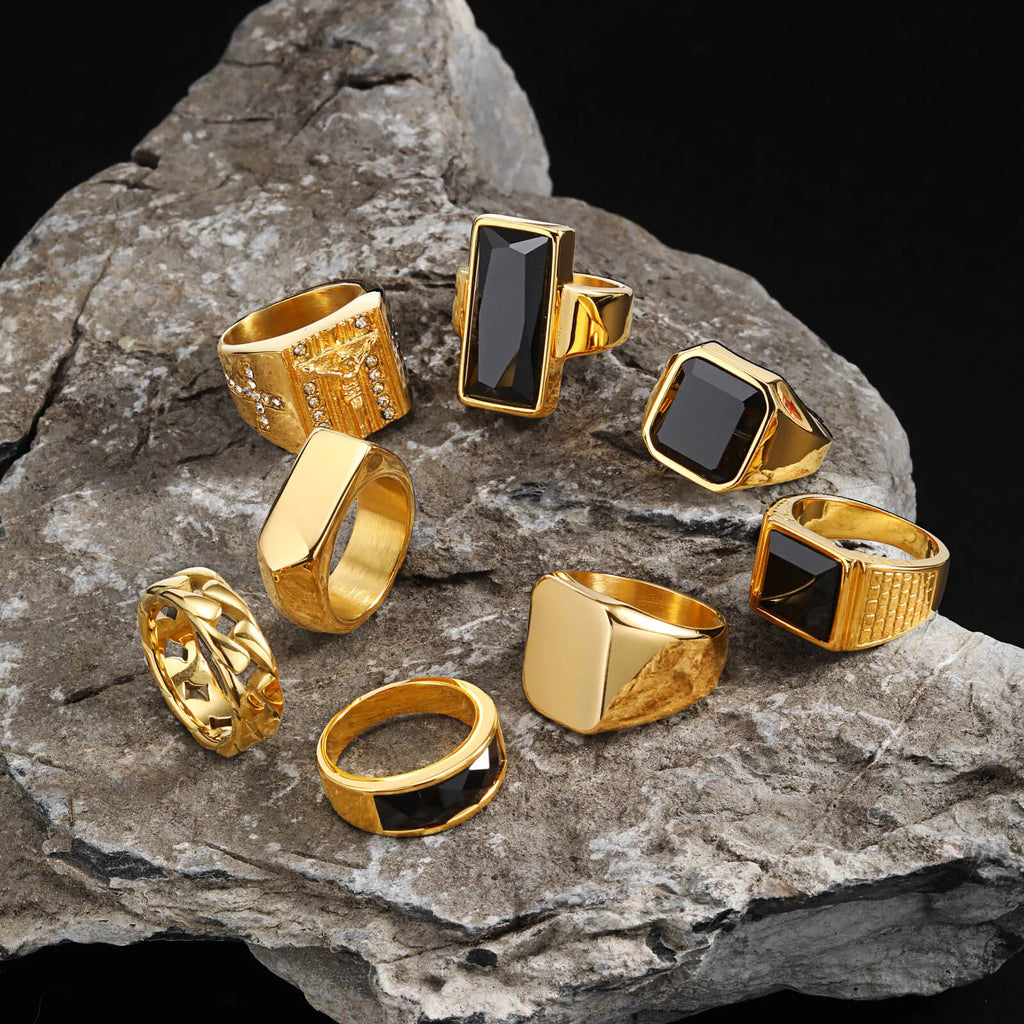Punk Gold Plated Rings for Men,Black Geometric Square Stone Signet Ring,Male Chunky Thumb Ring