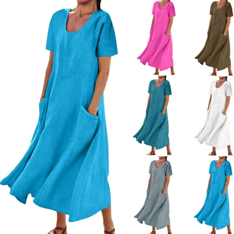 Women Solid Cotton Linen Round Neck Short Sleeve Loose Flowy Maxi Dress EU US Gown
