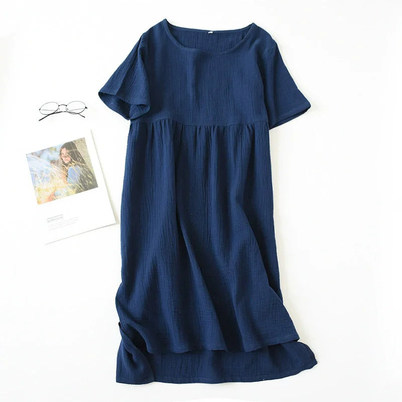 Gauze Cotton Pajama Dress Nightwear Woman Sleepwear Summer Solid Color Short Sleeve Sleeping Nightgowns Loose Night Dress