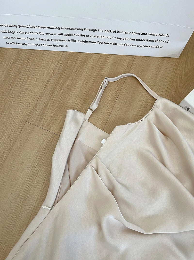 Women's Sexy Swinging Collar Satin Strap Long Dress Lady Summer Solid Color Slim Pleated Wasit Split Party Dress