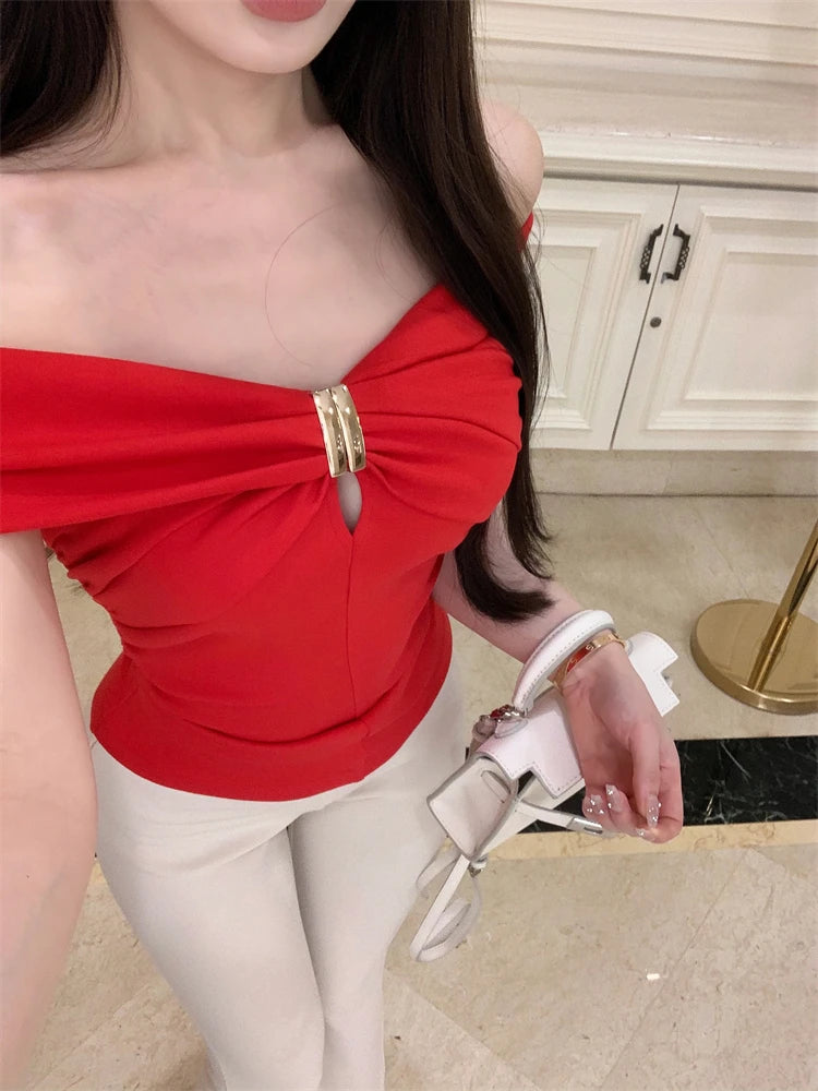 Summer slim sexy spicy girl slash neck ruffled short-sleeved T-shirt for women