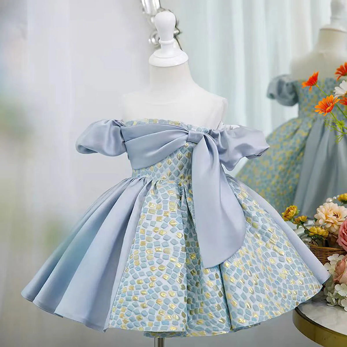Dreamy Vow J774 Charming Blue Girl Dress With Short Sleeves  for Kids 1st Toddler Birthday Evening Party Knee Length Ball Gown