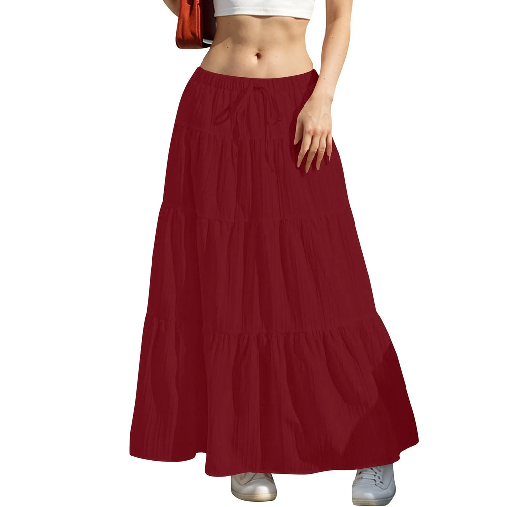 Women's Flared Ruffle Hem Maxi Skirt Fashion Women Solid Long Skirts Elastic Waist Elegant Long Skirt Spring Summer Cake Dress