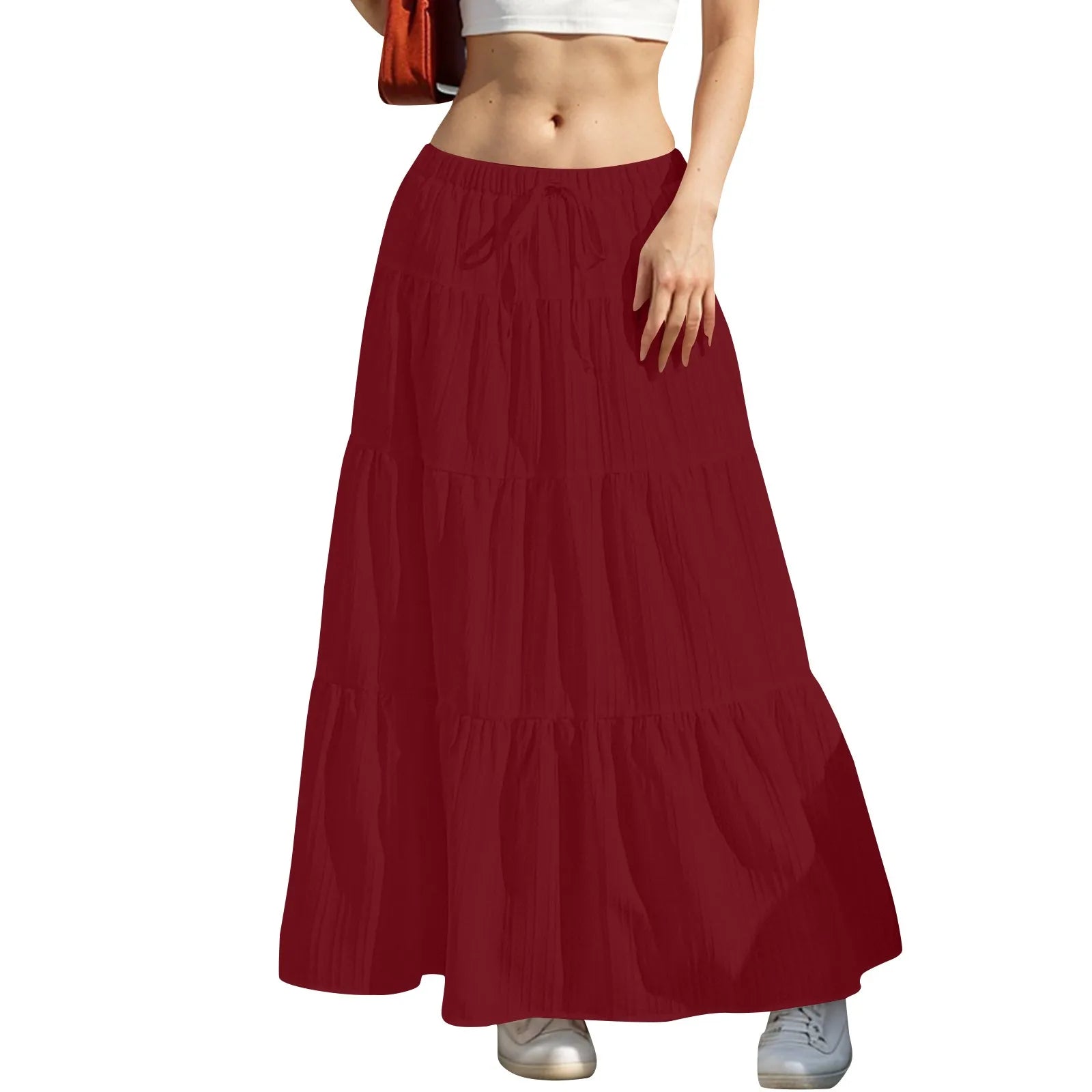 Women's Flared Ruffle Hem Maxi Skirt Fashion Women Solid Long Skirts Elastic Waist Elegant Long Skirt Spring Summer Cake Dress