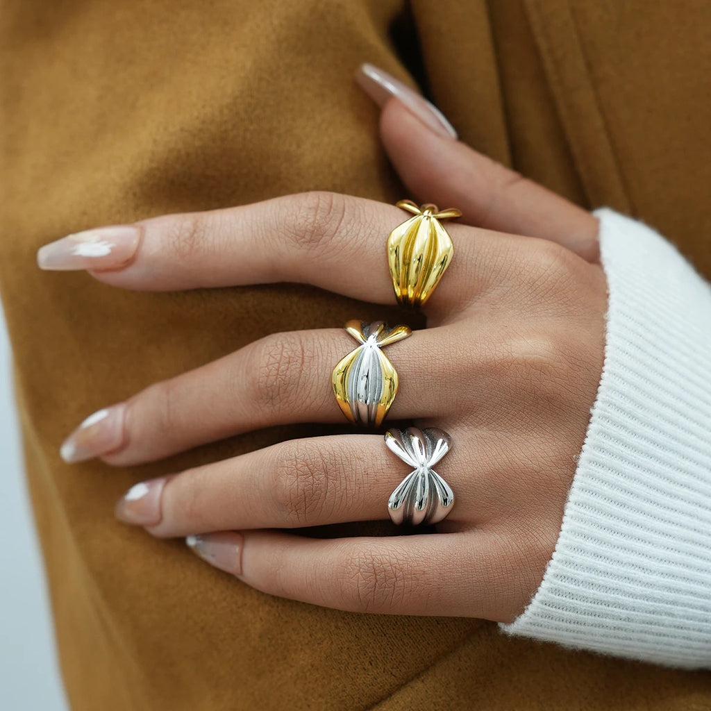 Stainless Steel Open Rings For Women'S 18K Gold Plated Fashion Couple Handmade Irregular Lines Ring Jewelry For Women'S