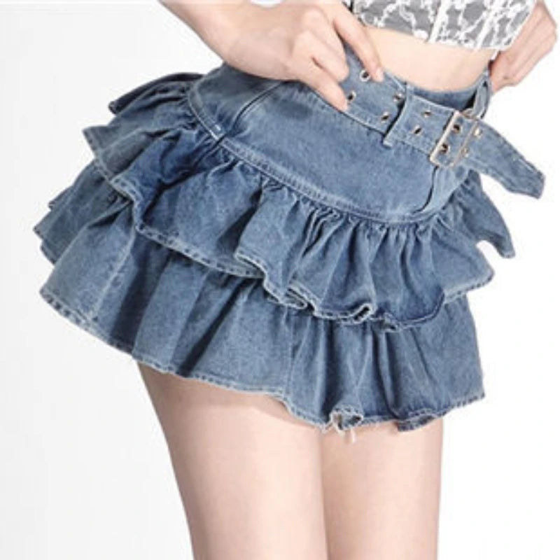Mini Denim Skirts Women Summer Japanese Style Sweet Heart Ruffles Design Y2k Chic High Waist Distressed Aesthetic Fashion Faldas
