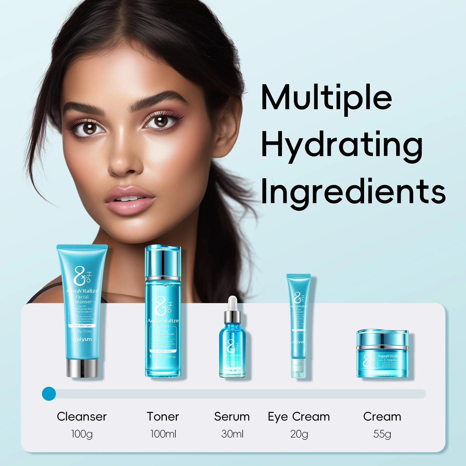 Quiyum 8X H2O AquaVitalize 5-Pcs Skincare Set Hydrating Daily Facial Care Kit Cleanser Toner Serum Eye Cream for All Skin