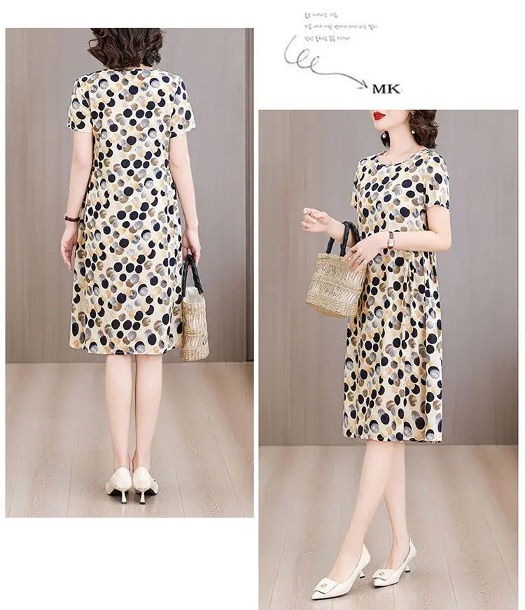 Women Summer Cotton Midi Dress Polka Dot Print Round Neck Short Sleeve Loose Casual Home Outdoor Dress S 4XL