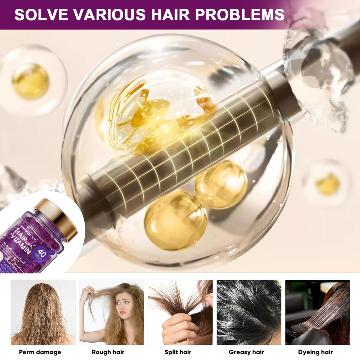 Amococo 3/6/8pcs Hair Serum Capsules 40 Capsules Moroccan Oil Keratin Essence Hair Oil Vitamin E Pro Vitamin B5 Jojoba Oil Rosehip Oil Smooth Moisturizing Hair Care Serum for Frizzy Dry Hair
