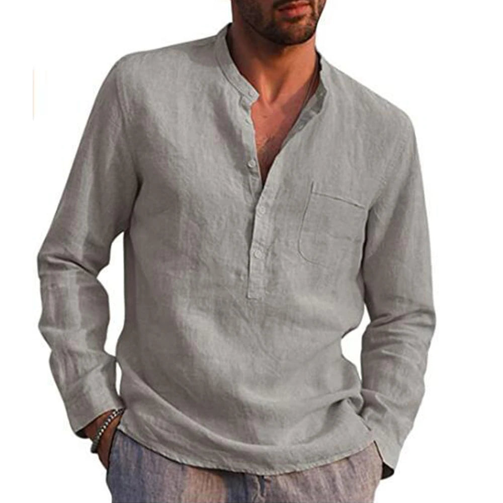 Cotton Linen  Men'S Long-Sleeved Shirts Summer Solid Color Stand-Up Collar Casual Beach Style Plus Size