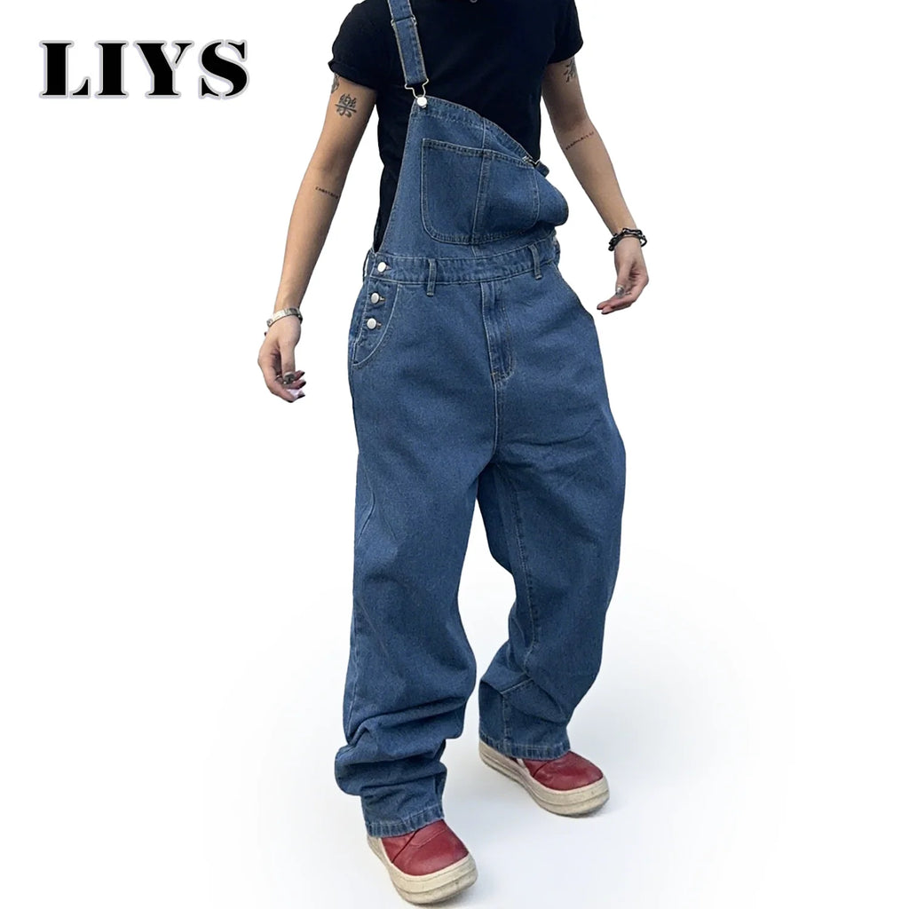 Overalls For Men Denim Suspenders Baggy Jeans Men'S Street Casual Solid Mid Waist Loose Washed Jumpsuits Length Tracksuit