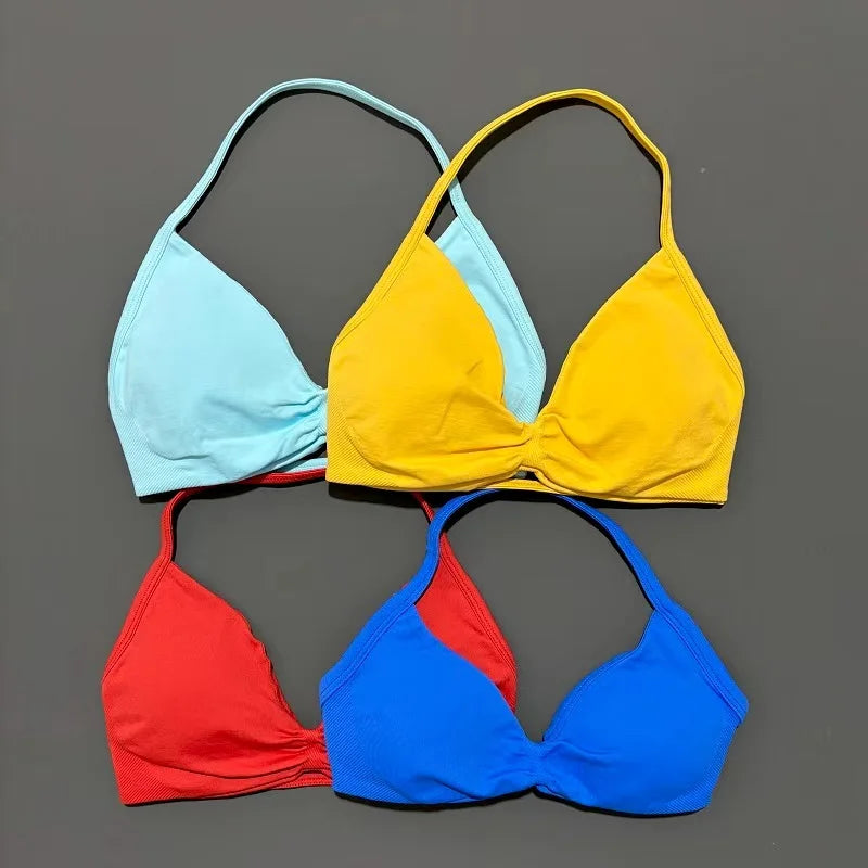HISTELLO Sports Strappy Bra Df Solid Color Women Seamless Yoga Underwear Fitness Workout Halter Top Running Gym Sports Bra