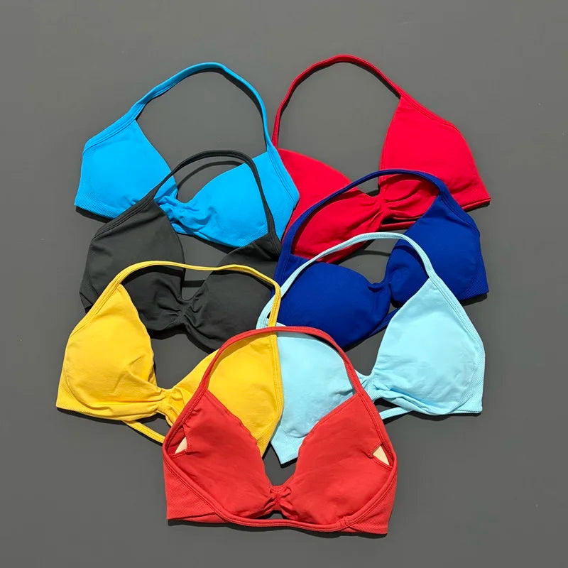 Histello Sports Strappy Bra Women Yoga Tank Bra Seamless High Support Fitness Workout Top Running Exercise Halter Gym Bras