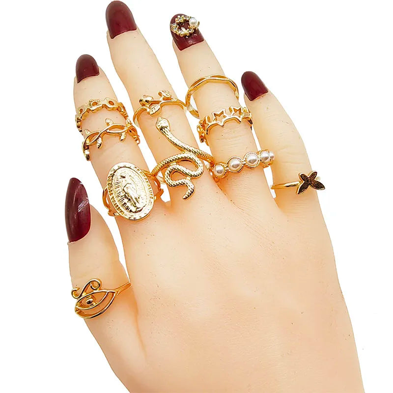 30Pc/Lot Gold Color Finger Rings For Girls New Love Snake Animal Butterfly Cutout Star Pearl Thin Joint Ring Jewelry Women'S