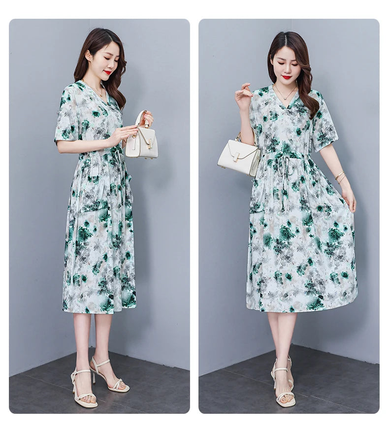 New Fashion 2025 Summer dresses For Women V-Neck Plus Size Woman Cothing Loose Short Sleeve Women Print Dresses