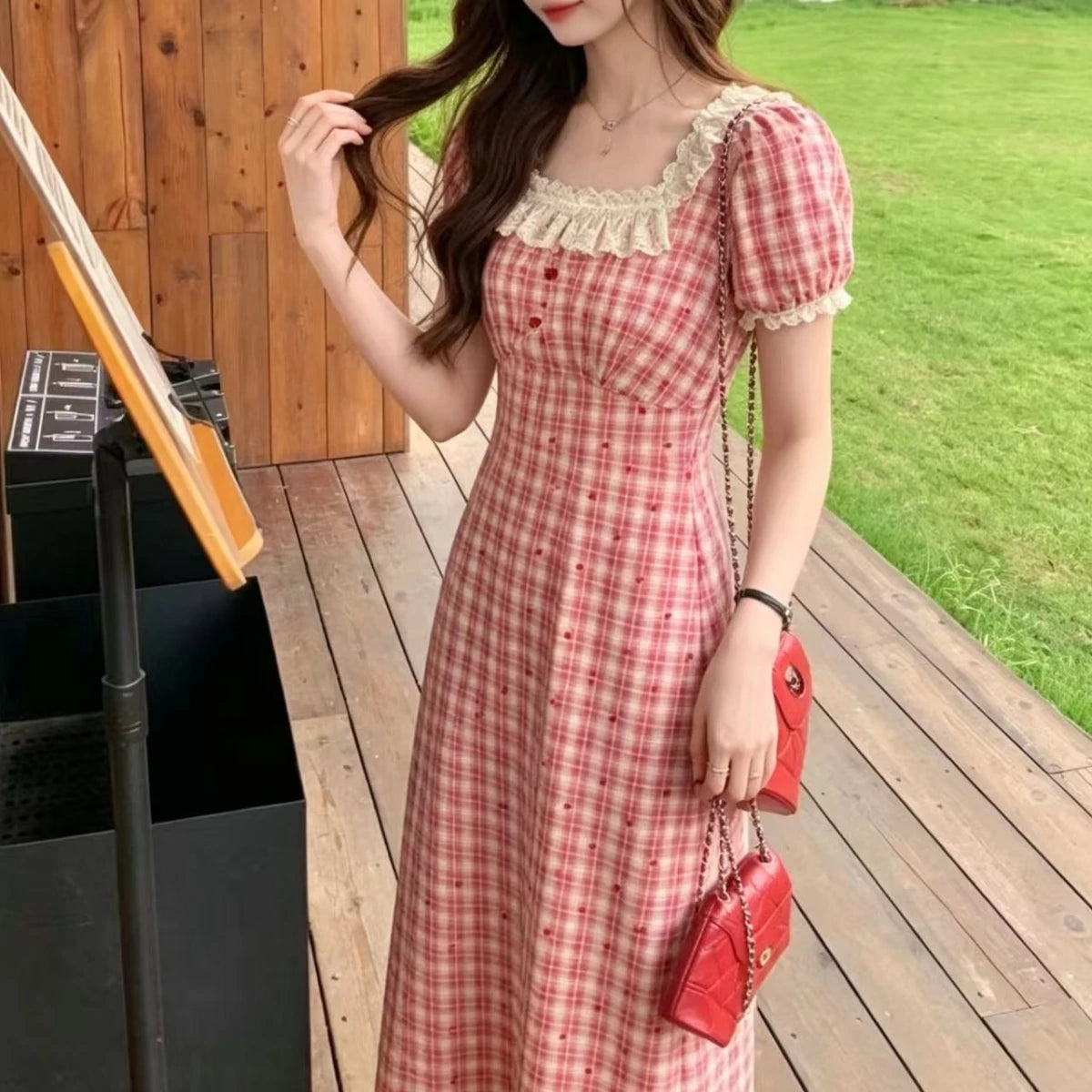 Retro Lace Red Plaid Heart Floral Summer Dress plus Size Waist Cinching Belly Covering Slimming Long A-Line Skirt Dress