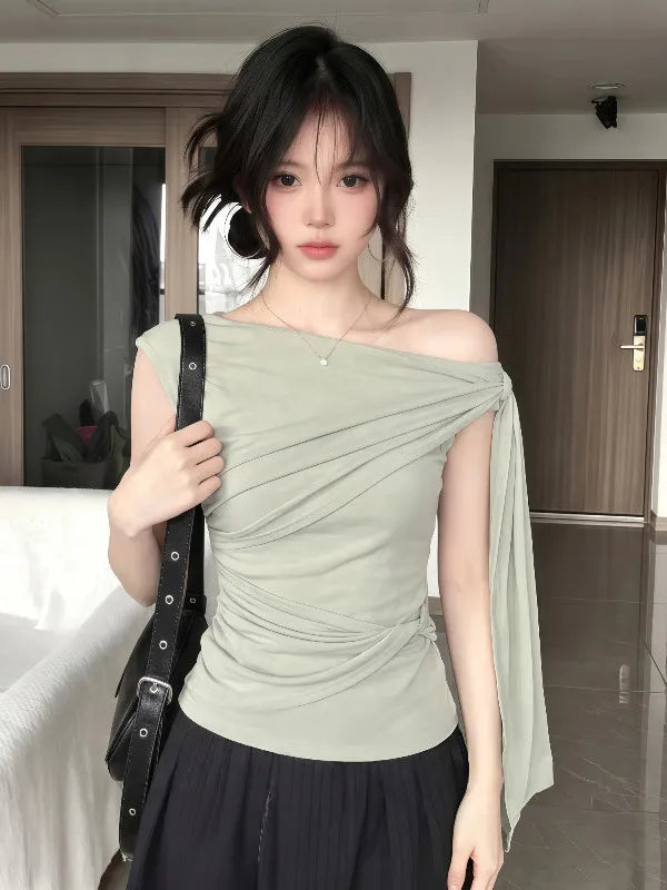 Elegant plus Size Women's T-Shirt Shoulder Bared Slim Fit Summer New Style Korean Version Commute Style Short Sleeve Top