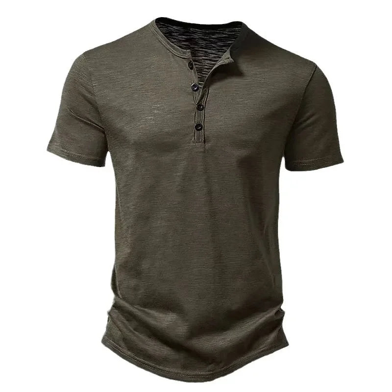 American European Style New Fashion Summer Men's Casual Trendy Solid Color Short Sleeve Henry Collar Loose T-shirts Male Tops
