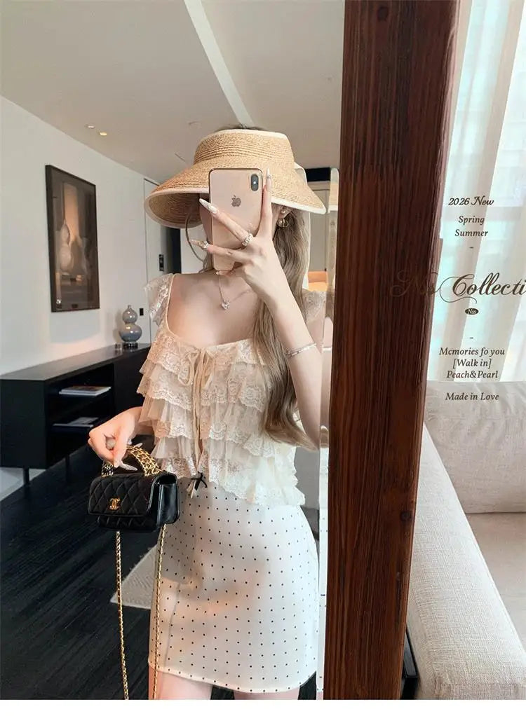 Korean Style Short Lace Halter Top Women's Summer New Design Pure Desire  Leaf  Spicy Girl Commute Loose Fit Casual