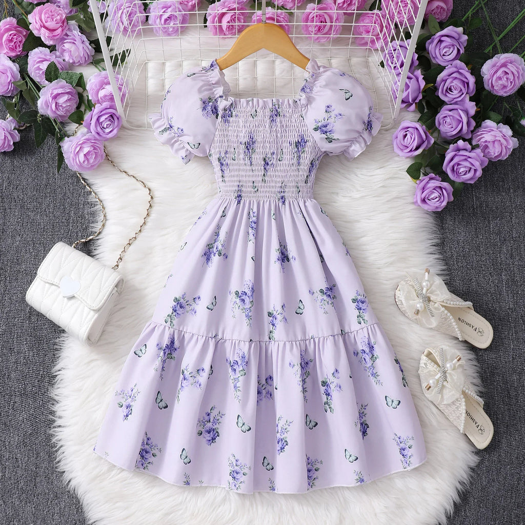 Pink Kids Girl Long Dress Summer Floral Toddler Girls Dresses Cute Sweet Elegant Birthday Party Children Costume 3 4 5 6 7 Yrs