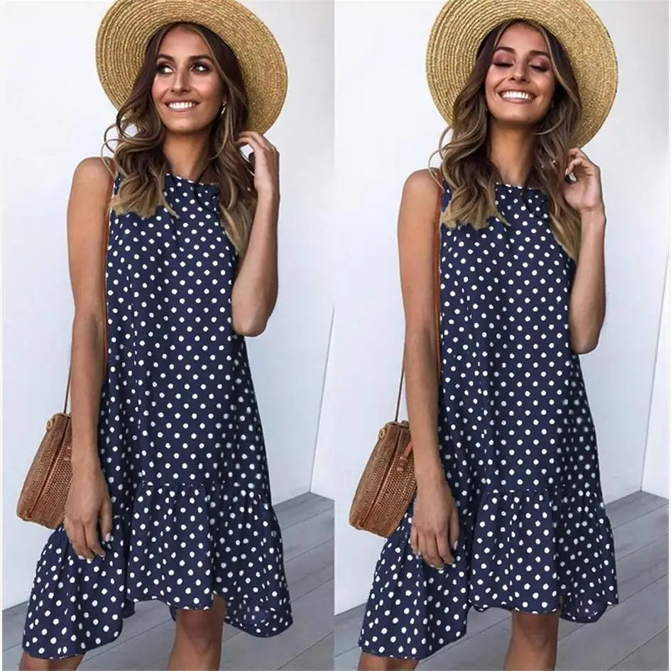 Summer 2020 round Neck Sleeveless Polka Dot Loose Fit Maxi Dress with Lace Hemline Full Body Length Polyester Fabric