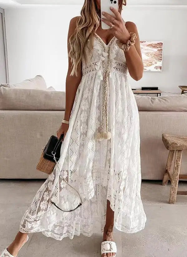 Ladies Dress A-line Lace Embroidery Design V-neck Sleeveless Mid Waist Slim Solid Color Simple Elegant Fresh Retro Sling Dress