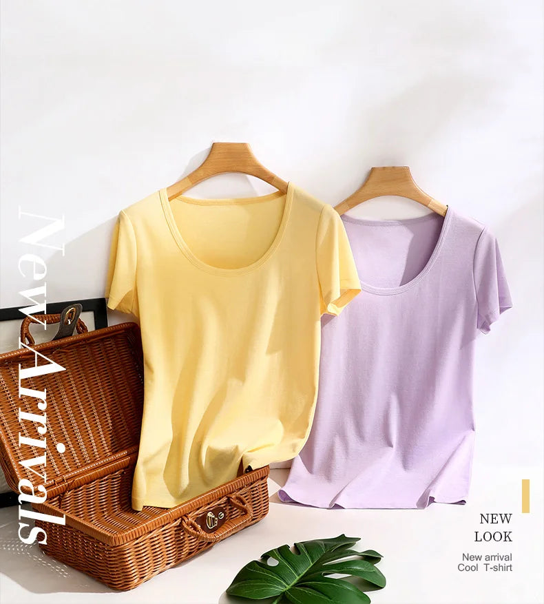 SuyaDream 2022 Woman Summer Tee Silk Acetate Blend U Neck Slim Waisted Solid Cosy T Shirt Candy Colors Top