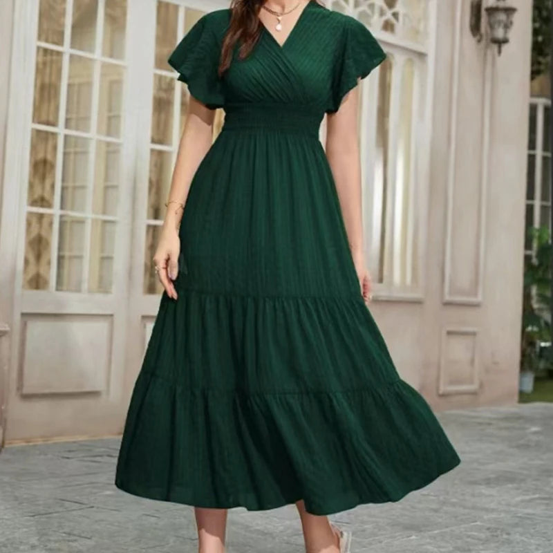 Elegant Women's Summer Casual Solid Color Long Dress Fashion Holiday Sexy V Neck Pleated Short Sleeve Maxi Dresses Vestido