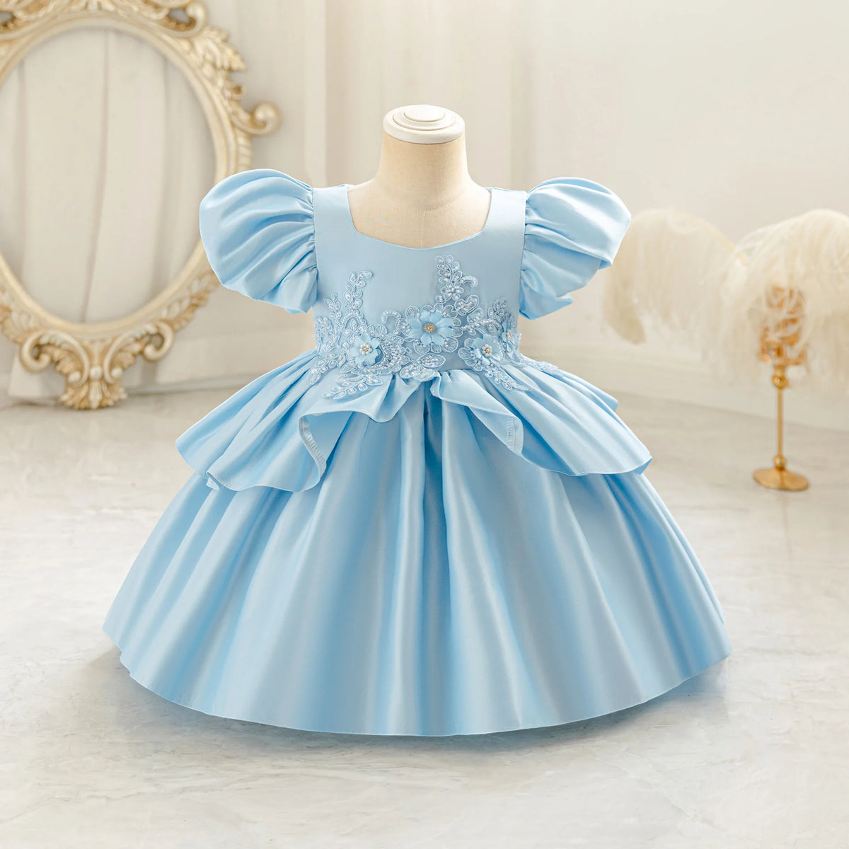 HETISO Baby Girls Appliques Flower Solid Satin Princess Fashion Dresses Ball Gown for Party Birthday New Year 6M-4 Years
