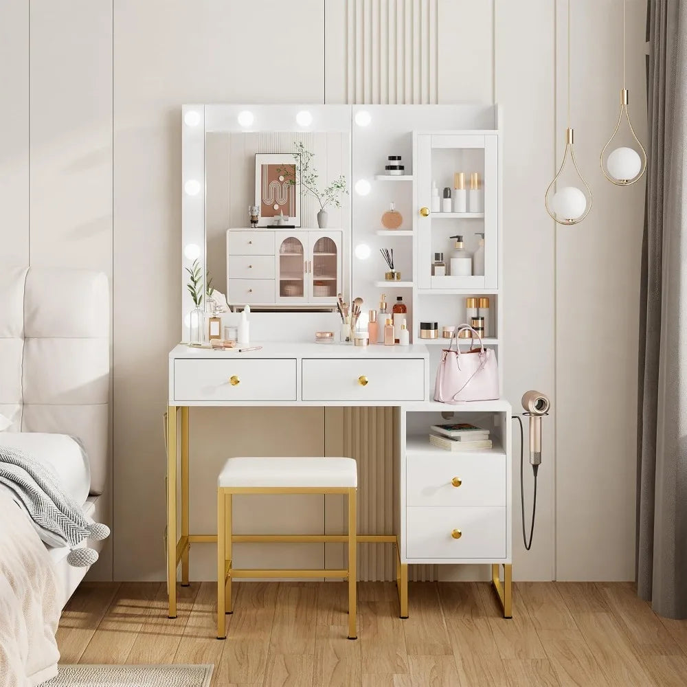 Women White Vanity Table with Drawer Dresser LED Mirror