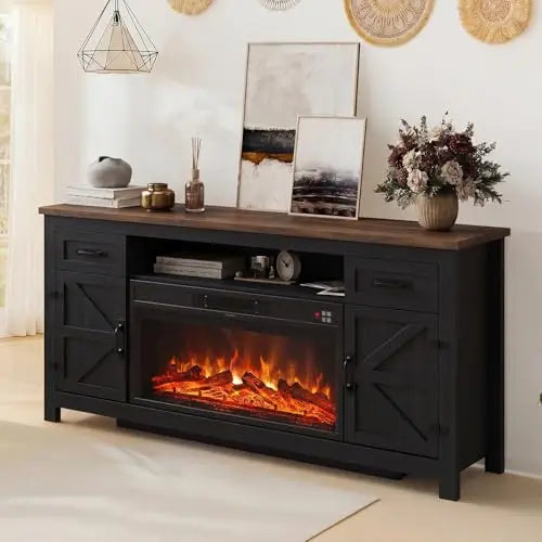 Fireplace TV Stand, 70" Farmhouse TV Stand with Barn Door for 80" TVs, Entertainment Center with Black Fireplace &