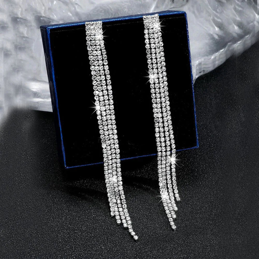 Treazy Shiny 4 Lines Rhinestone Crystal Tassel Long Earrings For Women'S Wedding Hanging Dangle Earrings Bridal Brincos