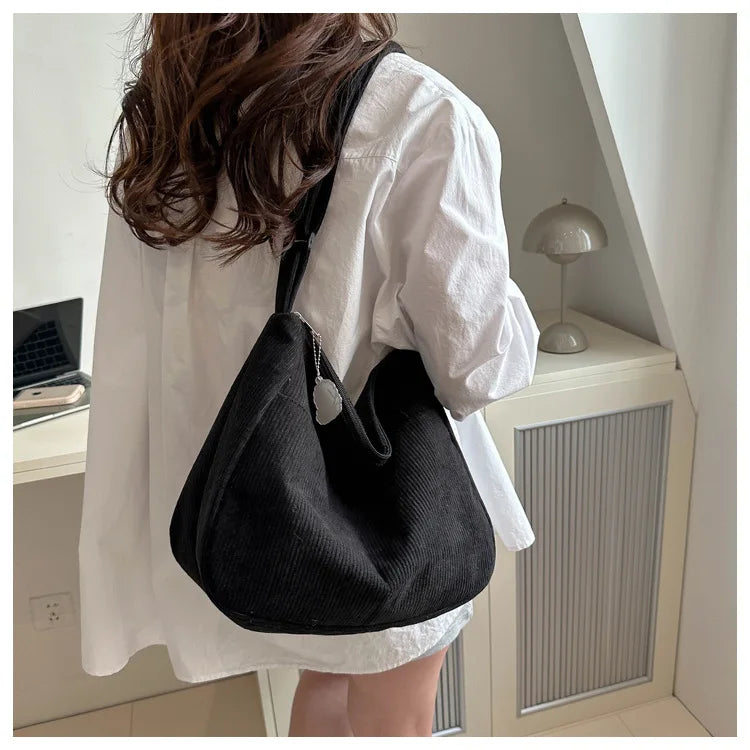 Women’s Corduroy Shoulder Bag, Casual Striped Large Capacity Tote with Zipper Closure, Cute Hat Patch, Perfect for Everyday Use