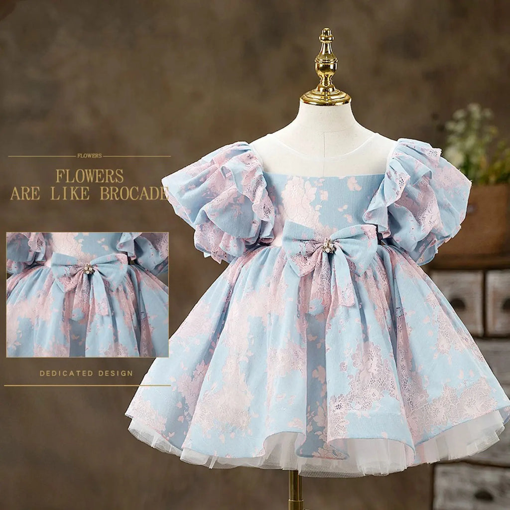Dreamy Vow J707 Charming Blue & Pink Baby Girl Dress Graceful Bow-adorned Short-Sleeved Kids Party Ball Gown