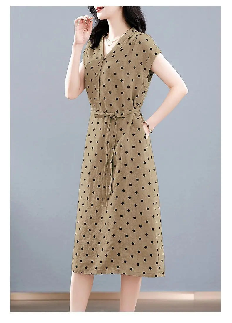 Cotton and Linen Dress French Polka Dot Print Fashion Long Skirt Summer New V-neck Casual Lace-up A-line Skirt