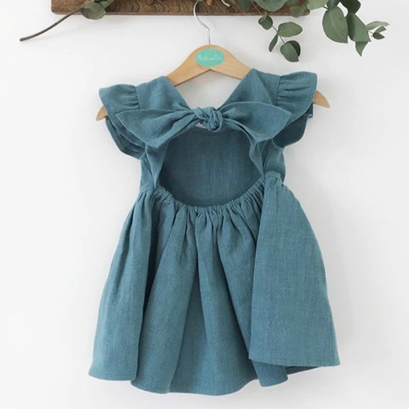 Kids Tales Essentials Baby Girls Dress Flying Sleeve Ruffles Cotton Backless Linen Newborn Infant Princess Dress Party Dresses