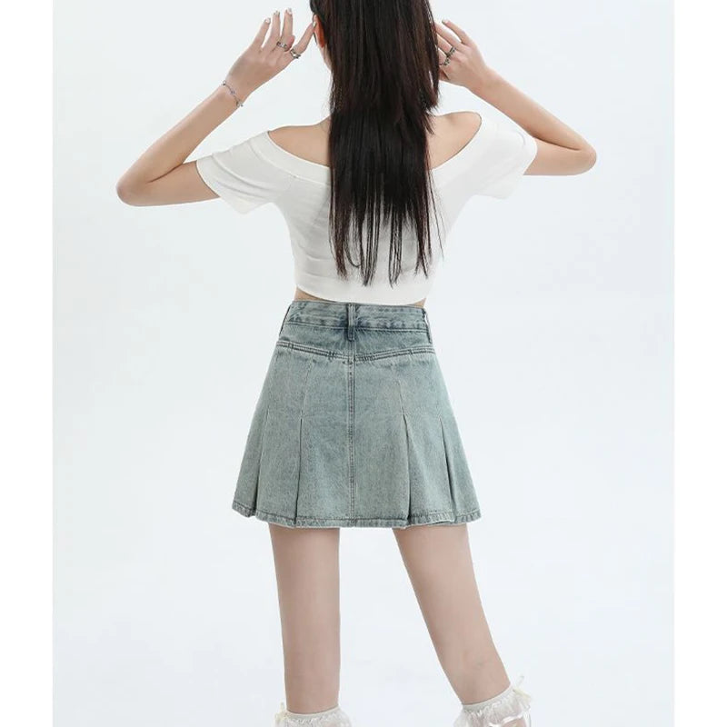 Summer Women Retro Chic High Waist Skirts Lady Designer Wrap Hip Thin Mini Jeans Skirts Girls Fashion Solid Denim Dress