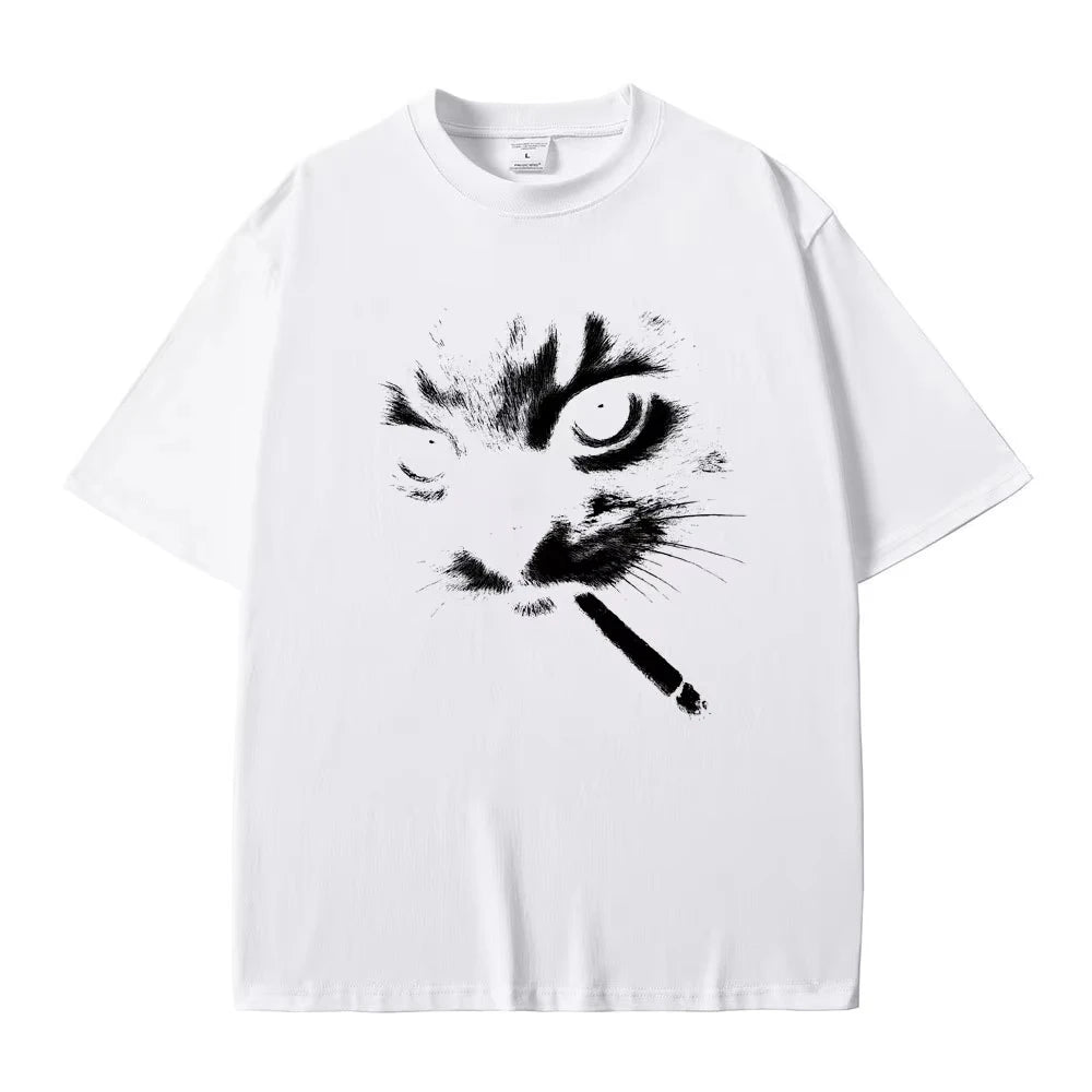 Funny Meme Smoking Cat Face Graphic T-Shirts Men Women'S Casual Cotton Vintage T Shirts Men'S Oversized T-Shirts Cats Lovers Gifts