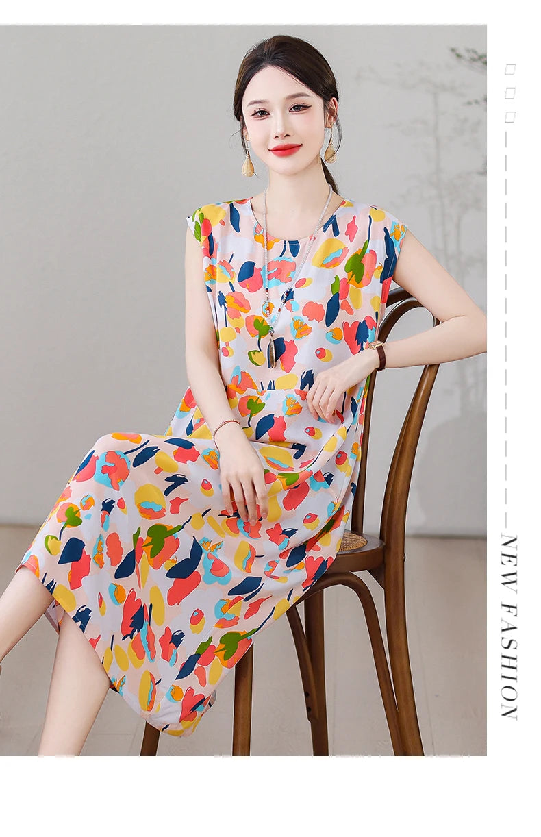 New Fashion Vintage Floral Print  Sleeveless Casual Party Femme Summer Dresses For Women 2025 O-neck Straight Women Clothing