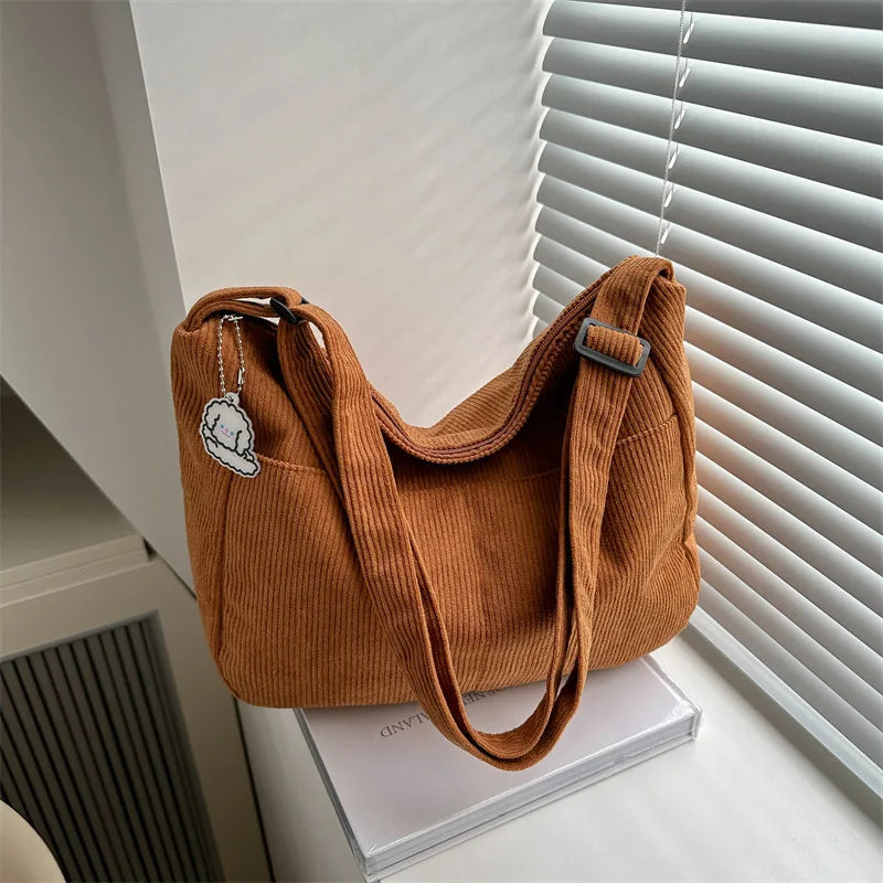 Women’s Corduroy Shoulder Bag, Casual Striped Large Capacity Tote with Zipper Closure, Cute Hat Patch, Perfect for Everyday Use