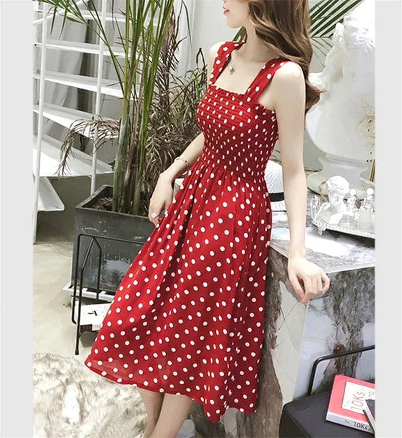 Women's Polka Dot Chiffon Maxi Dress – Elegant Square Neck Sleeveless Summer Dress