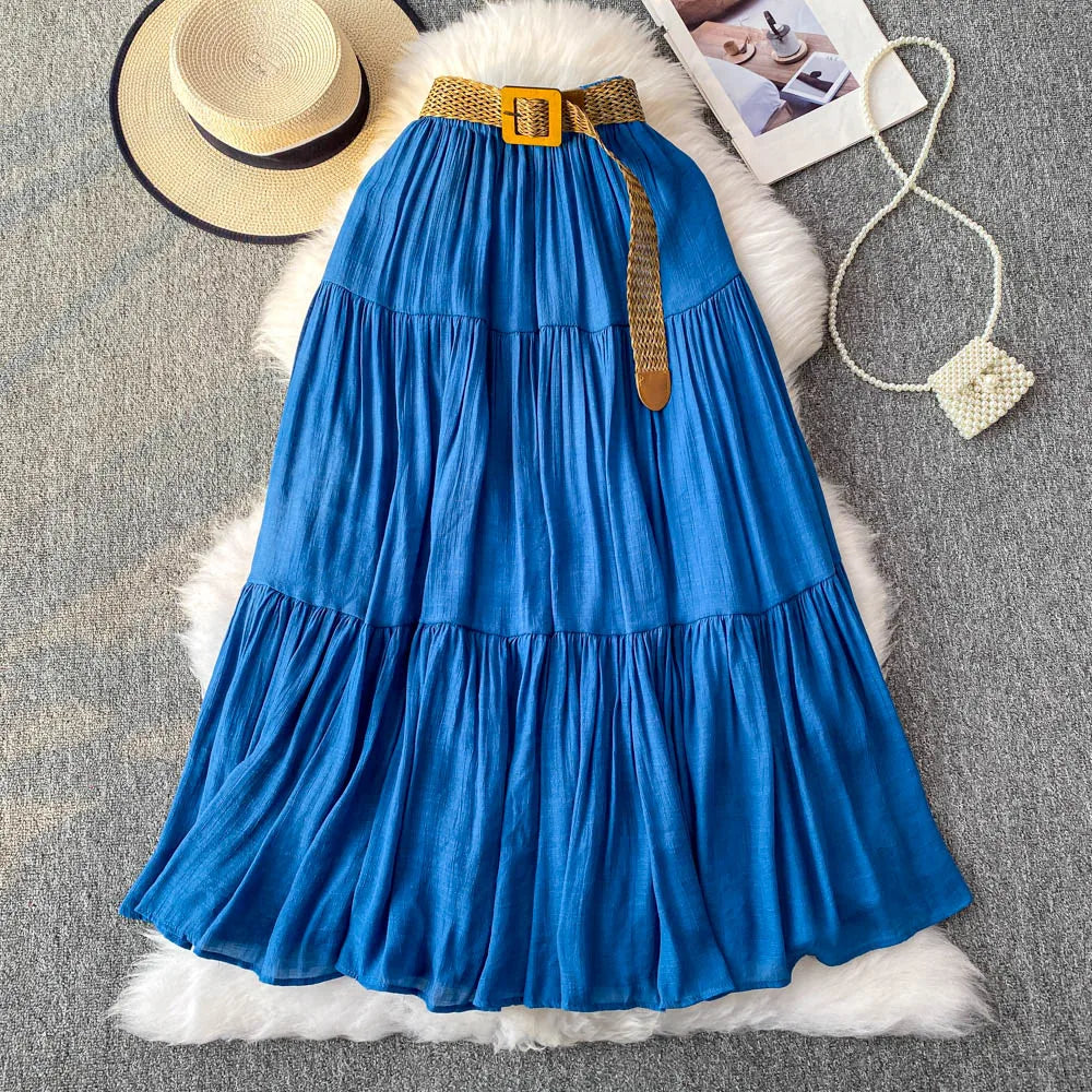 White Casual Mid-Length Puffy Skirt Women's Summer High Waist Slimming Cake Skirt Korean Sle Commute A-Line Skirt